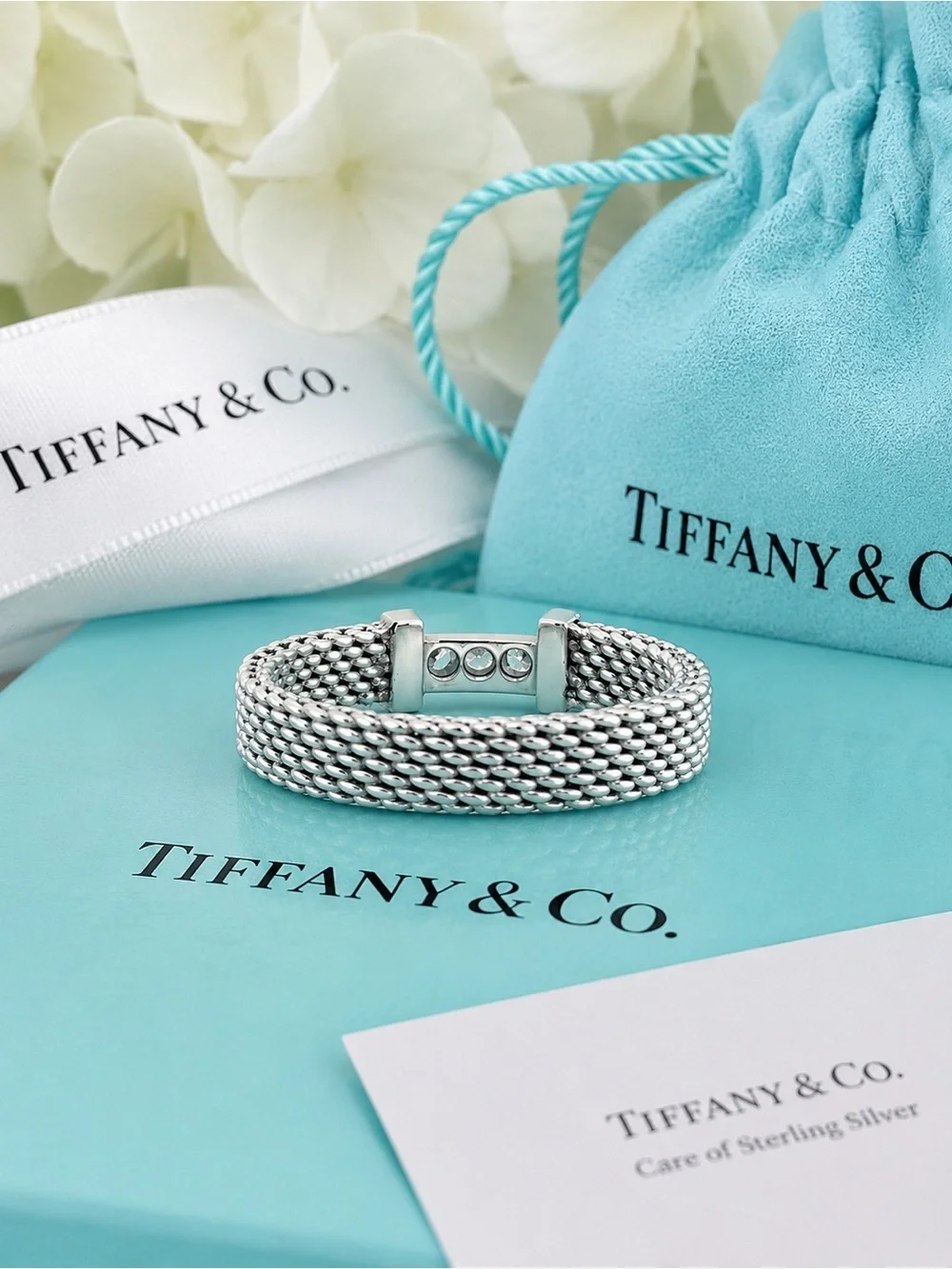 Tiffany & Co. Somerset Mesh 3 Diamond Ring Sterling Silver Rare Retired Size 5